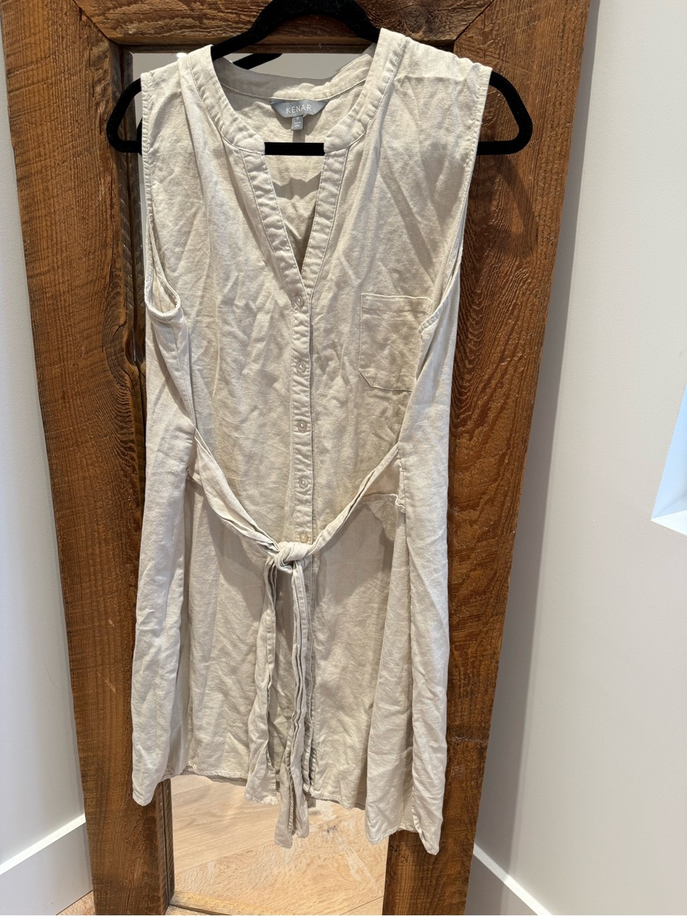Kenar Linen Sleeveless Button-Front Tunic Dress with Waist Tie
